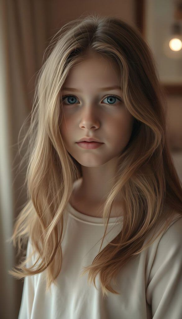 A captivating young girl with flowing, auburn hair that cascades over her shoulders in soft, elegant waves. Her eyes are a luminous sky blue mixed with honey light brown, clear and expressive, standing out against her smooth, porcelain skin. She wears a light cream-colored top, subtly contrasting with the warm tones of her hair. The lighting is soft and diffused, creating a dreamy, intimate atmosphere. The background is gently blurred, with warm, muted colors suggesting a refined, cozy interior. The overall mood is serene and introspective, a quiet, tender moment frozen in time, evoking a sense of gentle melancholy and depth.