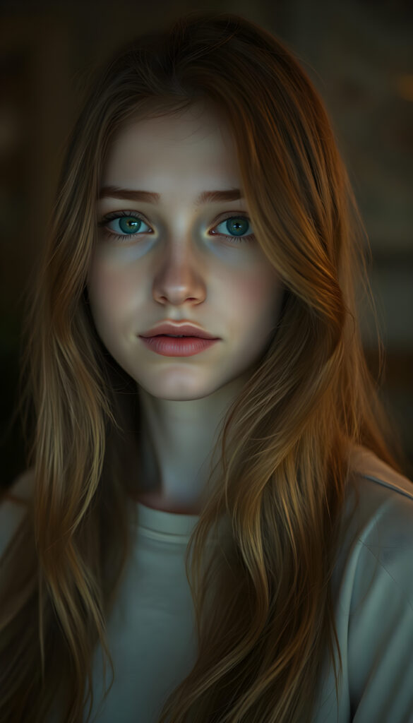 A captivating young woman with flowing, auburn hair that cascades over her shoulders in soft, elegant waves. Her eyes are a luminous sky blue mixed with honey light brown, clear and expressive, standing out against her smooth, porcelain skin. She wears a light cream-colored top, subtly contrasting with the warm tones of her hair. The lighting is soft and diffused, creating a dreamy, intimate atmosphere. The background is gently blurred, with warm, muted colors suggesting a refined, cozy interior. The overall mood is serene and introspective, a quiet, tender moment frozen in time, evoking a sense of gentle melancholy and depth.