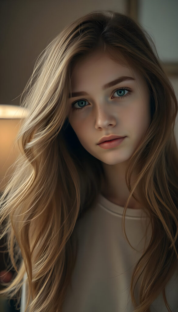 A captivating young woman with flowing, auburn hair that cascades over her shoulders in soft, elegant waves. Her eyes are a luminous sky blue mixed with honey light brown, clear and expressive, standing out against her smooth, porcelain skin. She wears a light cream-colored top, subtly contrasting with the warm tones of her hair. The lighting is soft and diffused, creating a dreamy, intimate atmosphere. The background is gently blurred, with warm, muted colors suggesting a refined, cozy interior. The overall mood is serene and introspective, a quiet, tender moment frozen in time, evoking a sense of gentle melancholy and depth.