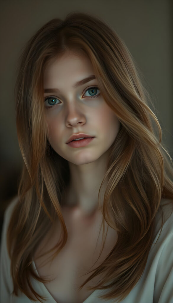 A captivating young woman with flowing, auburn hair that cascades over her shoulders in soft, elegant waves. Her eyes are a luminous sky blue mixed with honey light brown, clear and expressive, standing out against her smooth, porcelain skin. She wears a light cream-colored top, subtly contrasting with the warm tones of her hair. The lighting is soft and diffused, creating a dreamy, intimate atmosphere. The background is gently blurred, with warm, muted colors suggesting a refined, cozy interior. The overall mood is serene and introspective, a quiet, tender moment frozen in time, evoking a sense of gentle melancholy and depth.