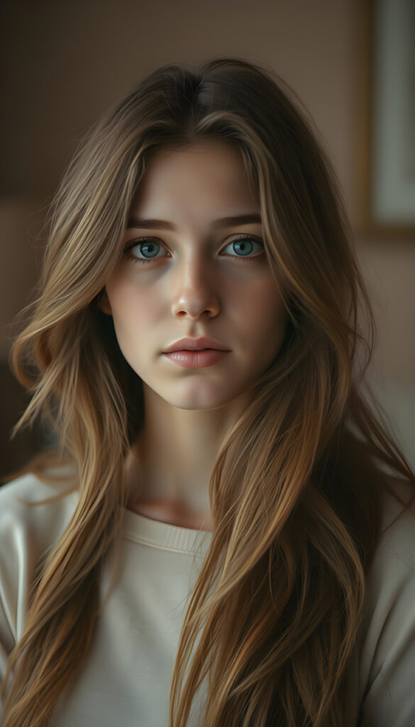 A captivating young woman with flowing, auburn hair that cascades over her shoulders in soft, elegant waves. Her eyes are a luminous sky blue mixed with honey light brown, clear and expressive, standing out against her smooth, porcelain skin. She wears a light cream-colored top, subtly contrasting with the warm tones of her hair. The lighting is soft and diffused, creating a dreamy, intimate atmosphere. The background is gently blurred, with warm, muted colors suggesting a refined, cozy interior. The overall mood is serene and introspective, a quiet, tender moment frozen in time, evoking a sense of gentle melancholy and depth.