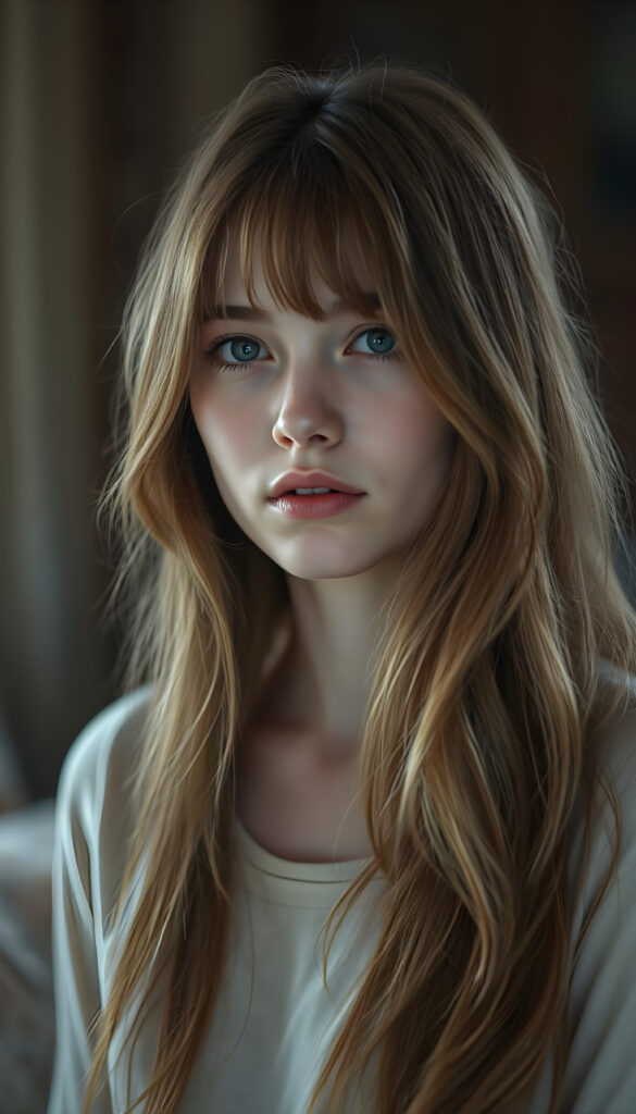 A captivating young woman with flowing, auburn hair that cascades over her shoulders in soft, elegant waves. Her eyes are a luminous sky blue mixed with honey light brown, clear and expressive, standing out against her smooth, porcelain skin. She wears a light cream-colored top, subtly contrasting with the warm tones of her hair. The lighting is soft and diffused, creating a dreamy, intimate atmosphere. The background is gently blurred, with warm, muted colors suggesting a refined, cozy interior. The overall mood is serene and introspective, a quiet, tender moment frozen in time, evoking a sense of gentle melancholy and depth.