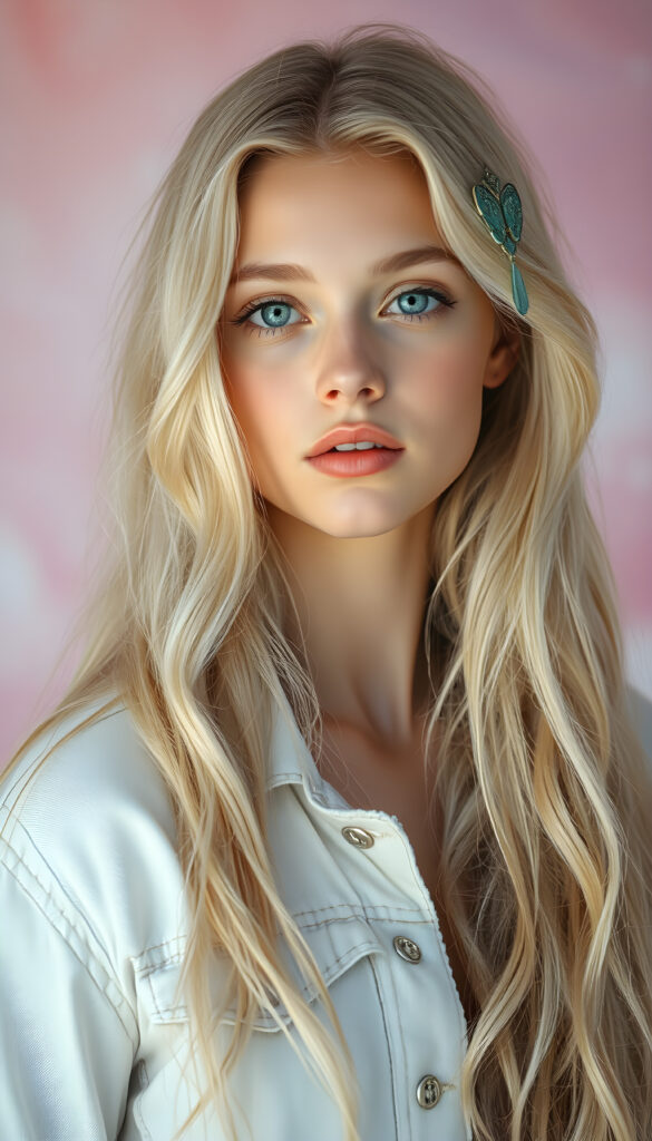 A celestial being with flawless, porcelain skin, exuding an ethereal glow, and adorable, upturned light blue eyes. Her long, flowing blonde hair, intricately detailed with delicate swirls and patterns, cascades gracefully. The background is a gradient of pastel colors, transitioning seamlessly from soft pinks to gentle purples, creating a dreamlike atmosphere. The being wears a long white jeans jacket, evoking a magical, fairy tale wonder. The scene is bathed in a soft, ethereal light, highlighting the intricate details and creating a sense of enchantment.