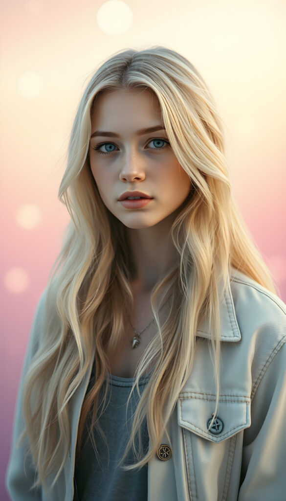 A celestial being with flawless, porcelain skin, exuding an ethereal glow, and adorable, upturned light blue eyes. Her long, flowing blonde hair, intricately detailed with delicate swirls and patterns, cascades gracefully. The background is a gradient of pastel colors, transitioning seamlessly from soft pinks to gentle purples, creating a dreamlike atmosphere. The being wears a long white jeans jacket, evoking a magical, fairy tale wonder. The scene is bathed in a soft, ethereal light, highlighting the intricate details and creating a sense of enchantment.