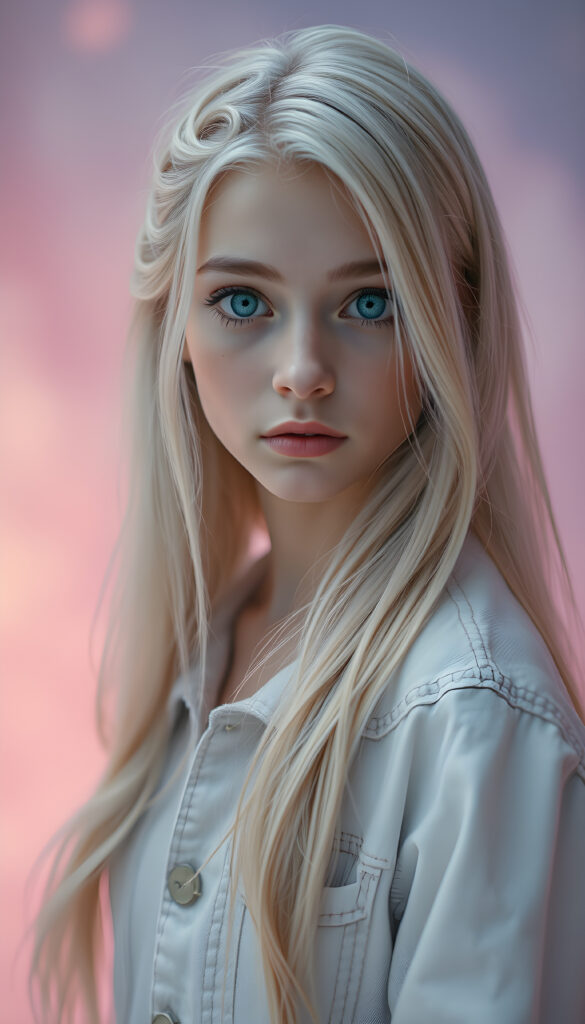 A celestial being with flawless, porcelain skin, exuding an ethereal glow, and adorable, upturned light blue eyes. Her long, flowing blonde hair, intricately detailed with delicate swirls and patterns, cascades gracefully. The background is a gradient of pastel colors, transitioning seamlessly from soft pinks to gentle purples, creating a dreamlike atmosphere. The being wears a long white jeans jacket, evoking a magical, fairy tale wonder. The scene is bathed in a soft, ethereal light, highlighting the intricate details and creating a sense of enchantment.