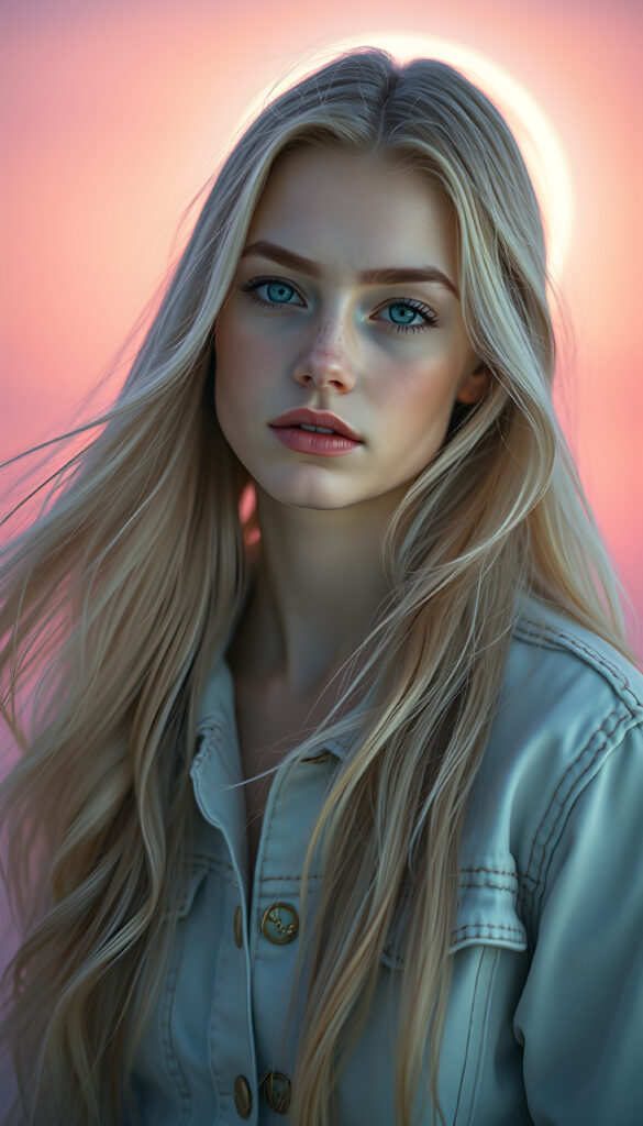 A celestial being with flawless, porcelain skin, exuding an ethereal glow, and adorable, upturned light blue eyes. Her long, flowing blonde hair, intricately detailed with delicate swirls and patterns, cascades gracefully. The background is a gradient of pastel colors, transitioning seamlessly from soft pinks to gentle purples, creating a dreamlike atmosphere. The being wears a long white jeans jacket, evoking a magical, fairy tale wonder. The scene is bathed in a soft, ethereal light, highlighting the intricate details and creating a sense of enchantment.