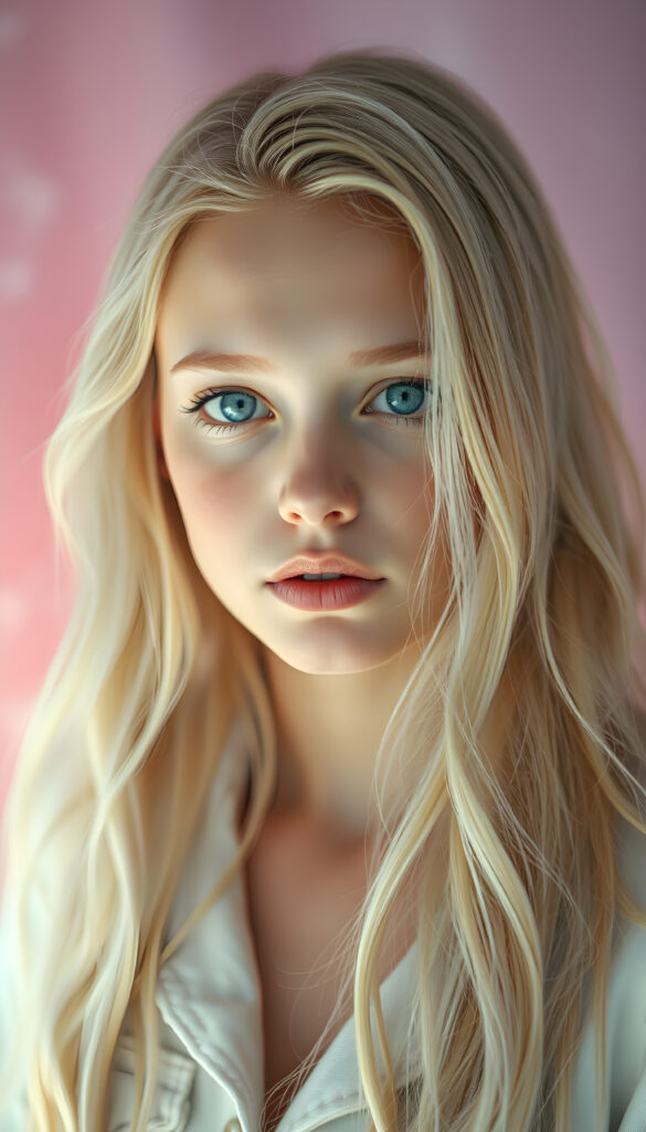 A celestial being with flawless, porcelain skin, exuding an ethereal glow, and adorable, upturned light blue eyes. Her long, flowing blonde hair, intricately detailed with delicate swirls and patterns, cascades gracefully. The background is a gradient of pastel colors, transitioning seamlessly from soft pinks to gentle purples, creating a dreamlike atmosphere. The being wears a long white jeans jacket, evoking a magical, fairy tale wonder. The scene is bathed in a soft, ethereal light, highlighting the intricate details and creating a sense of enchantment.