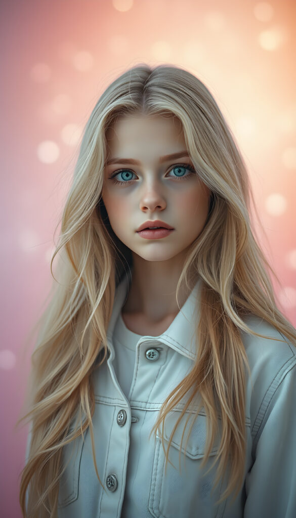 A celestial being with flawless, porcelain skin, exuding an ethereal glow, and adorable, upturned light blue eyes. Her long, flowing blonde hair, intricately detailed with delicate swirls and patterns, cascades gracefully. The background is a gradient of pastel colors, transitioning seamlessly from soft pinks to gentle purples, creating a dreamlike atmosphere. The being wears a long white jeans jacket, evoking a magical, fairy tale wonder. The scene is bathed in a soft, ethereal light, highlighting the intricate details and creating a sense of enchantment.