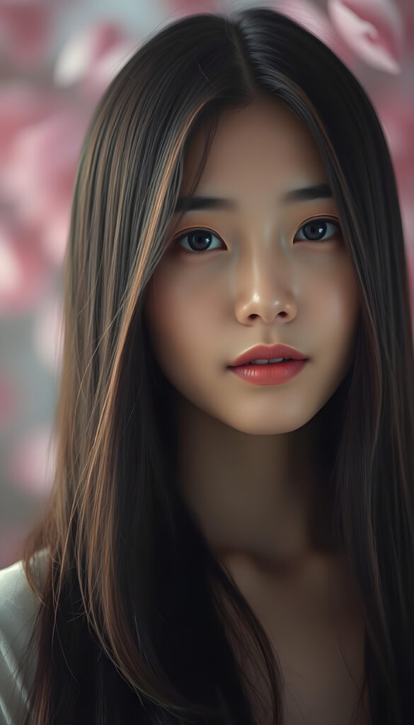 A centred portrait of a stunning Chinese girl with sleek black long hair. Her hair is highlighted with shimmering brown highlights that cascade down her face, creating a striking contrast. She has a serene expression, with soft brown eyes and flawless skin. The background is a dreamy, bokeh effect of soft pink and purple hues, emphasizing her elegance. Her lips are a natural pink, and she wears minimal makeup that accentuates her natural beauty. The lighting is soft and warm, casting a gentle glow on her face, enhancing her features. The overall composition is artistic and ethereal, capturing the essence of her grace and beauty.