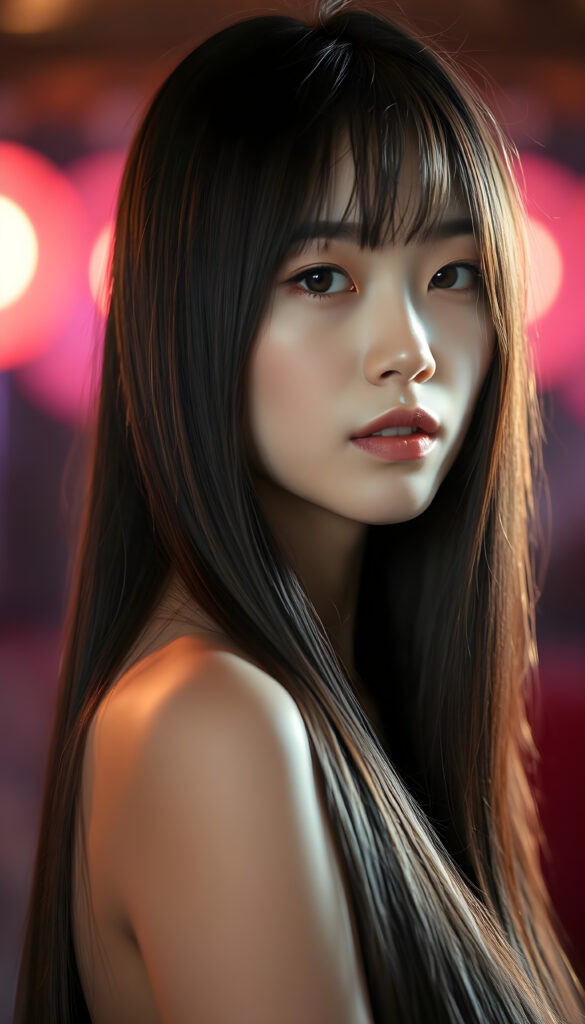 A centred portrait of a stunning Chinese girl with sleek black long hair. Her hair is highlighted with shimmering brown highlights that cascade down her face, creating a striking contrast. She has a serene expression, with soft brown eyes and flawless skin. The background is a dreamy, bokeh effect of soft pink and purple hues, emphasizing her elegance. Her lips are a natural pink, and she wears minimal makeup that accentuates her natural beauty. The lighting is soft and warm, casting a gentle glow on her face, enhancing her features. The overall composition is artistic and ethereal, capturing the essence of her grace and beauty.