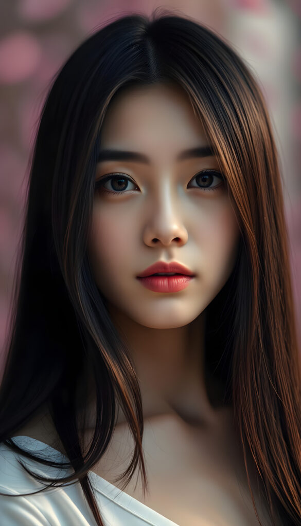 A centred portrait of a stunning Chinese girl with sleek black long hair. Her hair is highlighted with shimmering brown highlights that cascade down her face, creating a striking contrast. She has a serene expression, with soft brown eyes and flawless skin. The background is a dreamy, bokeh effect of soft pink and purple hues, emphasizing her elegance. Her lips are a natural pink, and she wears minimal makeup that accentuates her natural beauty. The lighting is soft and warm, casting a gentle glow on her face, enhancing her features. The overall composition is artistic and ethereal, capturing the essence of her grace and beauty.