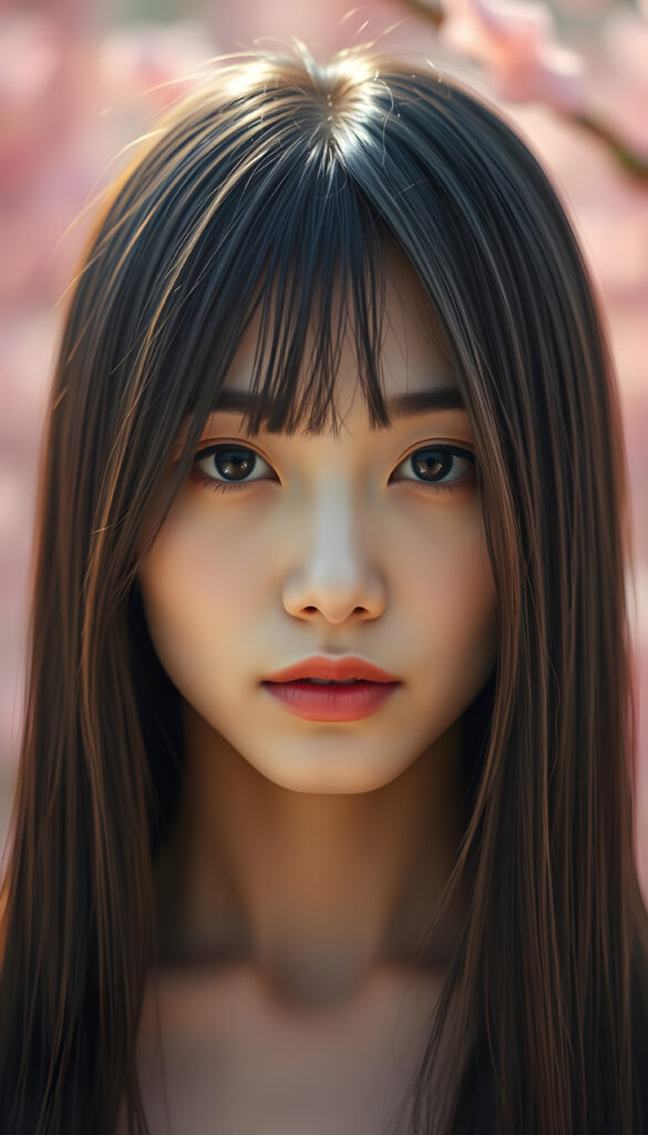 A centred portrait of a stunning Chinese girl with sleek black long hair. Her hair is highlighted with shimmering brown highlights that cascade down her face, creating a striking contrast. She has a serene expression, with soft brown eyes and flawless skin. The background is a dreamy, bokeh effect of soft pink and purple hues, emphasizing her elegance. Her lips are a natural pink, and she wears minimal makeup that accentuates her natural beauty. The lighting is soft and warm, casting a gentle glow on her face, enhancing her features. The overall composition is artistic and ethereal, capturing the essence of her grace and beauty.