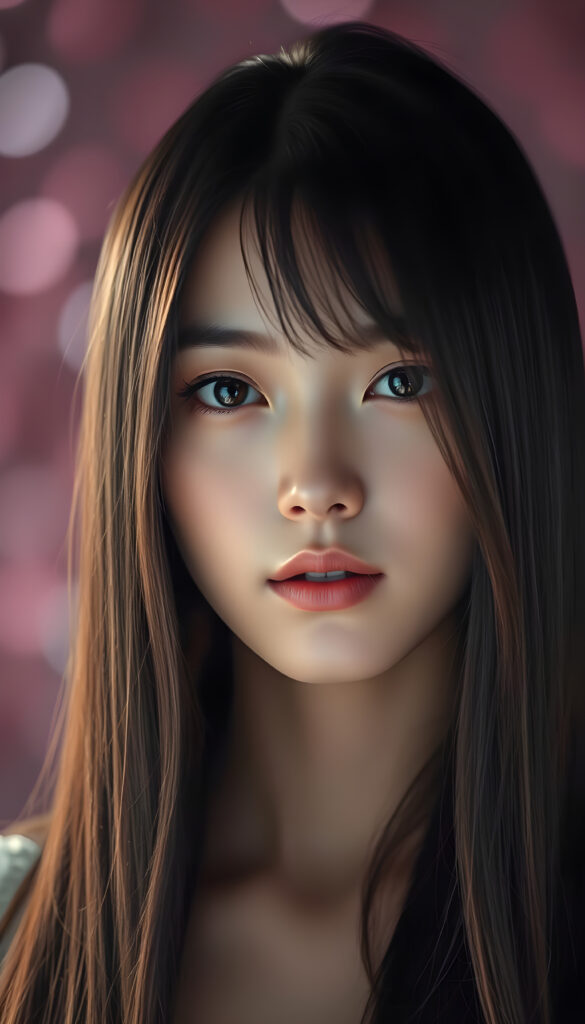 A centred portrait of a stunning Chinese girl with sleek black long hair. Her hair is highlighted with shimmering brown highlights that cascade down her face, creating a striking contrast. She has a serene expression, with soft brown eyes and flawless skin. The background is a dreamy, bokeh effect of soft pink and purple hues, emphasizing her elegance. Her lips are a natural pink, and she wears minimal makeup that accentuates her natural beauty. The lighting is soft and warm, casting a gentle glow on her face, enhancing her features. The overall composition is artistic and ethereal, capturing the essence of her grace and beauty.