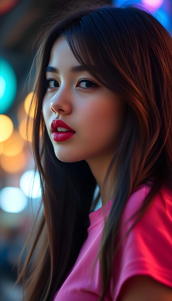 A charming young girl with long, flowing dark brown hair and luscious red full plump kissable lips, her lips are shaped into a passionate kiss, mouth slightly open, white teeth, gazes confidently at the viewer from the side. She is dressed in a form-fitting pink t-shirt, accentuating her lively spirit.