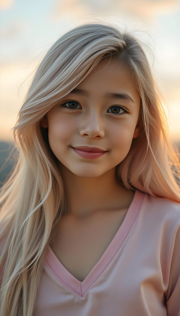 A charming young girl with long, soft, light pink hair styled in a side-swept fashion with wispy layers, radiant brown eyes, and porcelain-like pale skin gazes enchantingly at the viewer. Her vividly full lips curve into a gentle smile. She wears a light pink deep v-neck t-shirt that accentuates her delicate features. The background is a warm, glowing sunset sky with soft, pastel hues, casting a golden light on her face. The composition captures her in a close-up, highlighting her sharpness and grace, making her look like a celestial fairy in a magical, dreamy setting.