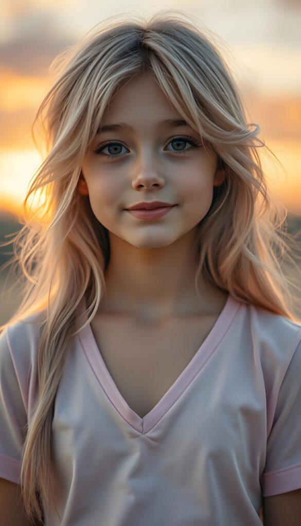 A charming young girl with long, soft, light pink hair styled in a side-swept fashion with wispy layers, radiant brown eyes, and porcelain-like pale skin gazes enchantingly at the viewer. Her vividly full lips curve into a gentle smile. She wears a light pink deep v-neck t-shirt that accentuates her delicate features. The background is a warm, glowing sunset sky with soft, pastel hues, casting a golden light on her face. The composition captures her in a close-up, highlighting her sharpness and grace, making her look like a celestial fairy in a magical, dreamy setting.