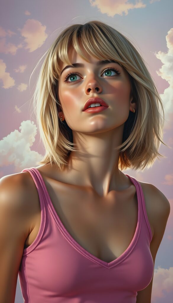 A charming young well busty teenage girl with shoulder-length summer blond hair styled in a perfect bob and bangs, her emerald eyes sparkling with mischief. She's clad in a tight, pink wool tank top that hugs her frame, deep n-neck, her playful expression captured as she looks up slightly open mouth. The background is a vibrant, gradient sky transitioning from a soft pastel pink to a gentle lavender, dotted with fluffy white clouds, and rays of golden sunlight casting a warm glow. Her hair glistens with subtle highlights, and there's a hint of a smile on her lips.