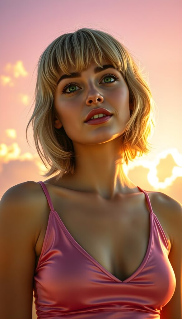 A charming young well voluminous busty adult girl with shoulder-length summer blond hair styled in a perfect bob and bangs, her emerald eyes sparkling with mischief. She's clad in a tight, pink silky tank top that hugs her frame, deep n-neck, her playful expression captured as she looks up slightly open mouth. The background is a vibrant, gradient sky transitioning from a soft pastel pink to a gentle lavender, dotted with fluffy white clouds, and rays of golden sunlight casting a warm glow. Her hair glistens with subtle highlights, and there's a hint of a smile on her lips.