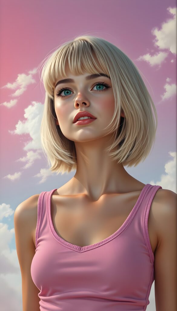 A charming young well busty teenage girl with shoulder-length summer blond hair styled in a perfect bob and bangs, her emerald eyes sparkling with mischief. She's clad in a tight, pink wool tank top that hugs her frame, deep n-neck, her playful expression captured as she looks up slightly open mouth. The background is a vibrant, gradient sky transitioning from a soft pastel pink to a gentle lavender, dotted with fluffy white clouds, and rays of golden sunlight casting a warm glow. Her hair glistens with subtle highlights, and there's a hint of a smile on her lips.
