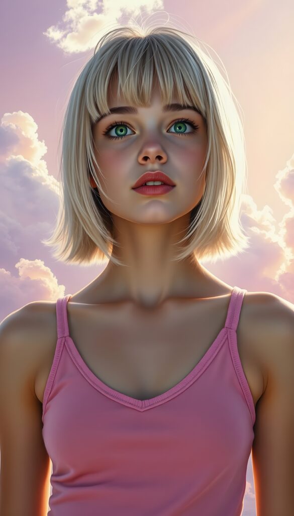 A charming young well busty teenage girl with shoulder-length summer blond hair styled in a perfect bob and bangs, her emerald eyes sparkling with mischief. She's clad in a tight, pink wool tank top that hugs her frame, deep n-neck, her playful expression captured as she looks up slightly open mouth. The background is a vibrant, gradient sky transitioning from a soft pastel pink to a gentle lavender, dotted with fluffy white clouds, and rays of golden sunlight casting a warm glow. Her hair glistens with subtle highlights, and there's a hint of a smile on her lips.