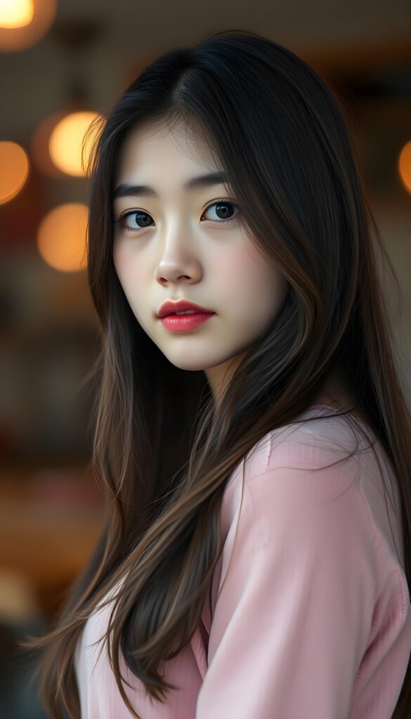 A charming young girl with long, flowing dark brown hair and luscious red lips gazes confidently at the viewer from the side. She is dressed in a form-fitting pink sweater, accentuating her lively spirit.