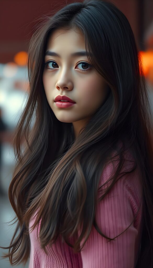 A charming young girl with long, flowing dark brown hair and luscious red lips gazes confidently at the viewer from the side. She is dressed in a form-fitting pink sweater, accentuating her lively spirit.