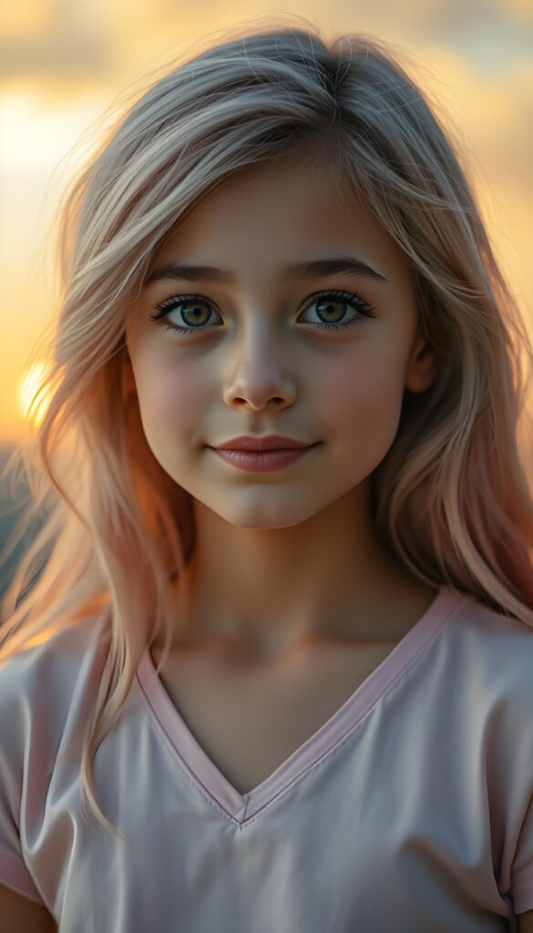 A charming young girl with long, soft, light pink hair styled in a side-swept fashion with wispy layers, radiant brown eyes, and porcelain-like pale skin gazes enchantingly at the viewer. Her vividly full lips curve into a gentle smile. She wears a light pink deep v-neck t-shirt that accentuates her delicate features. The background is a warm, glowing sunset sky with soft, pastel hues, casting a golden light on her face. The composition captures her in a close-up, highlighting her sharpness and grace, making her look like a celestial fairy in a magical, dreamy setting.