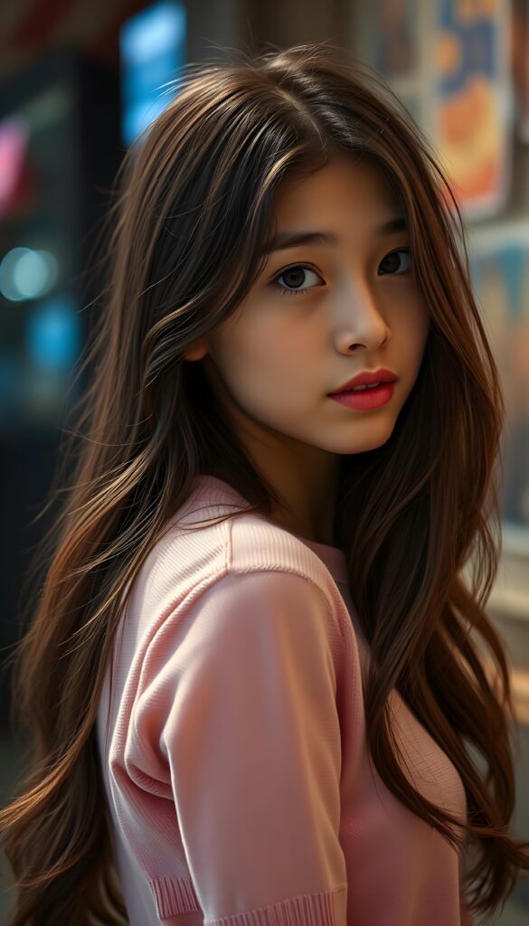 A charming young girl with long, flowing dark brown hair and luscious red lips gazes confidently at the viewer from the side. She is dressed in a form-fitting pink sweater, accentuating her lively spirit.