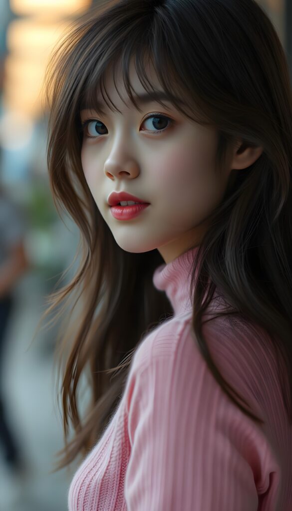 A charming young girl with long, flowing dark brown hair and luscious red lips gazes confidently at the viewer from the side. She is dressed in a form-fitting pink sweater, accentuating her lively spirit.