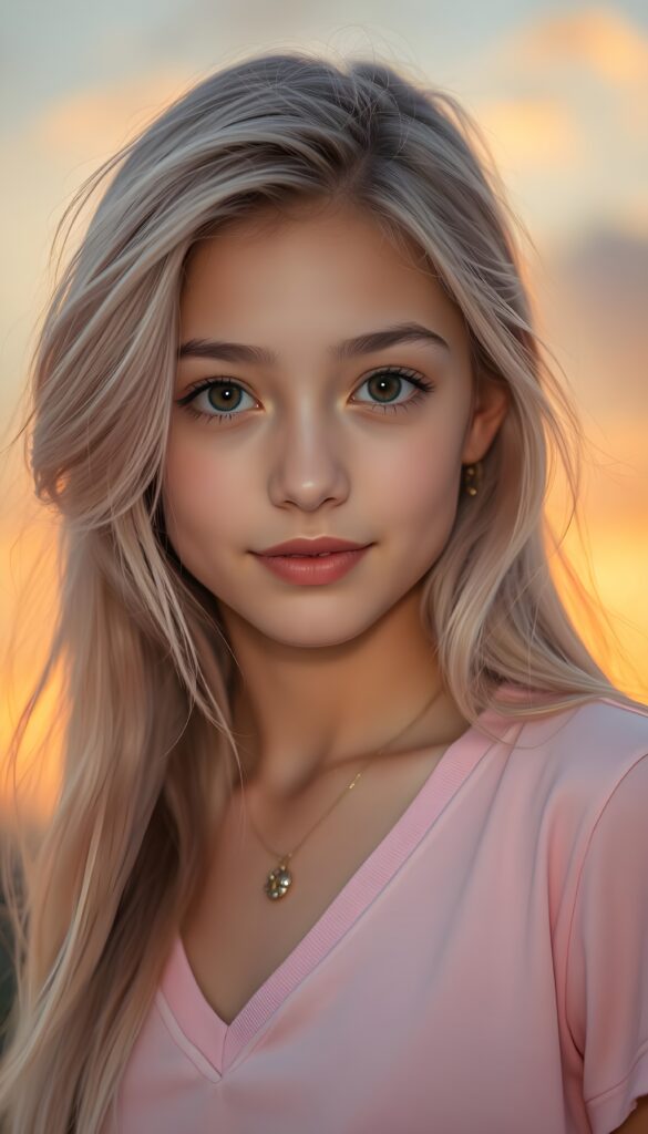 A charming young girl with long, soft, light pink hair styled in a side-swept fashion with wispy layers, radiant brown eyes, and porcelain-like pale skin gazes enchantingly at the viewer. Her vividly full lips curve into a gentle smile. She wears a light pink deep v-neck t-shirt that accentuates her delicate features. The background is a warm, glowing sunset sky with soft, pastel hues, casting a golden light on her face. The composition captures her in a close-up, highlighting her sharpness and grace, making her look like a celestial fairy in a magical, dreamy setting.