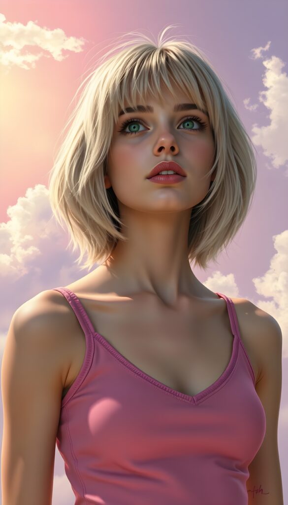 A charming young well busty teenage girl with shoulder-length summer blond hair styled in a perfect bob and bangs, her emerald eyes sparkling with mischief. She's clad in a tight, pink wool tank top that hugs her frame, deep n-neck, her playful expression captured as she looks up slightly open mouth. The background is a vibrant, gradient sky transitioning from a soft pastel pink to a gentle lavender, dotted with fluffy white clouds, and rays of golden sunlight casting a warm glow. Her hair glistens with subtle highlights, and there's a hint of a smile on her lips.
