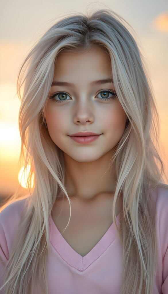 A charming young girl with long, soft, light pink hair styled in a side-swept fashion with wispy layers, radiant brown eyes, and porcelain-like pale skin gazes enchantingly at the viewer. Her vividly full lips curve into a gentle smile. She wears a light pink deep v-neck t-shirt that accentuates her delicate features. The background is a warm, glowing sunset sky with soft, pastel hues, casting a golden light on her face. The composition captures her in a close-up, highlighting her sharpness and grace, making her look like a celestial fairy in a magical, dreamy setting.