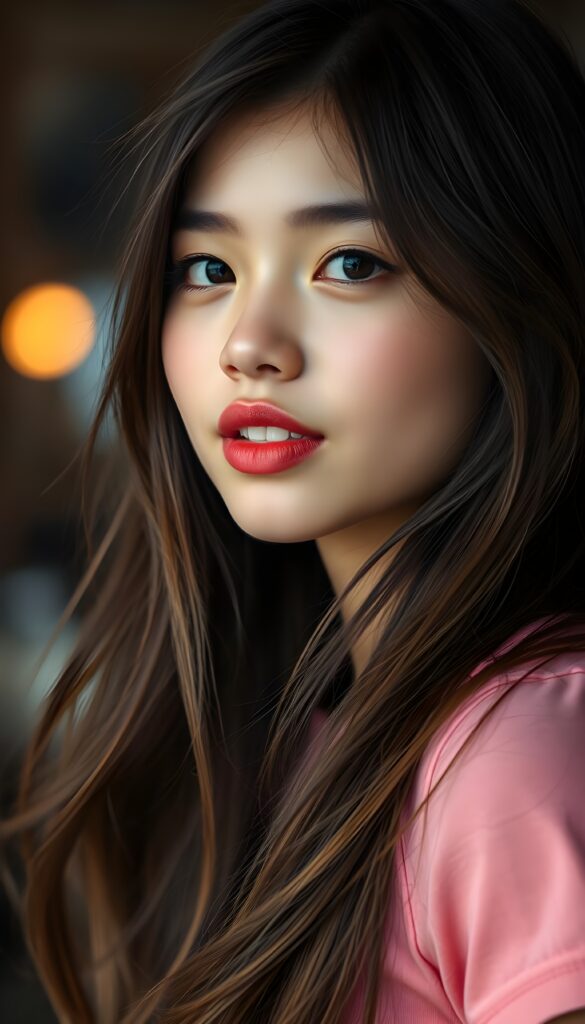 A charming young girl with long, flowing dark brown hair and luscious red full plump kissable lips, her lips are shaped into a passionate kiss, mouth slightly open, white teeth, gazes confidently at the viewer from the side. She is dressed in a form-fitting pink t-shirt, accentuating her lively spirit.