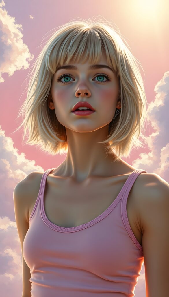 A charming young well busty teenage girl with shoulder-length summer blond hair styled in a perfect bob and bangs, her emerald eyes sparkling with mischief. She's clad in a tight, pink wool tank top that hugs her frame, deep n-neck, her playful expression captured as she looks up slightly open mouth. The background is a vibrant, gradient sky transitioning from a soft pastel pink to a gentle lavender, dotted with fluffy white clouds, and rays of golden sunlight casting a warm glow. Her hair glistens with subtle highlights, and there's a hint of a smile on her lips.