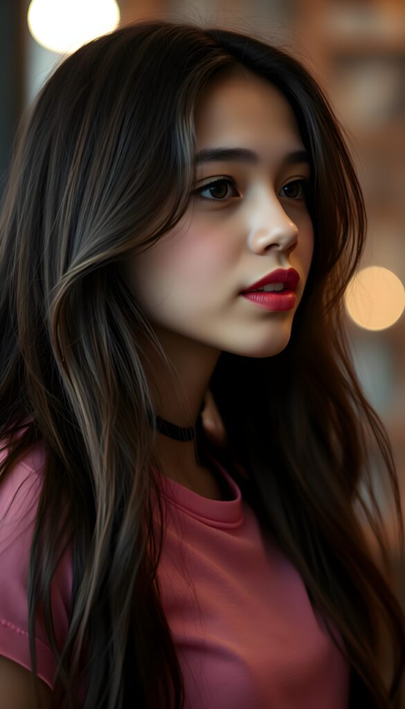 A charming young girl with long, flowing dark brown hair and luscious red full plump kissable lips, her lips are shaped into a passionate kiss, mouth slightly open, white teeth, gazes confidently at the viewer from the side. She is dressed in a form-fitting pink t-shirt, accentuating her lively spirit.