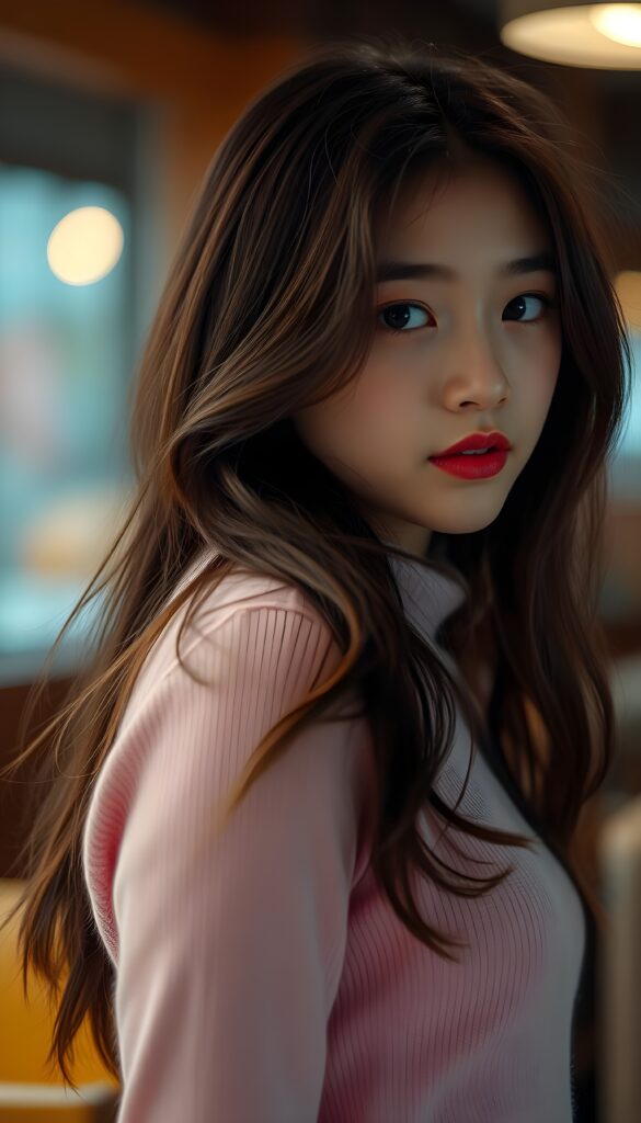 A charming young girl with long, flowing dark brown hair and luscious red lips gazes confidently at the viewer from the side. She is dressed in a form-fitting pink sweater, accentuating her lively spirit.