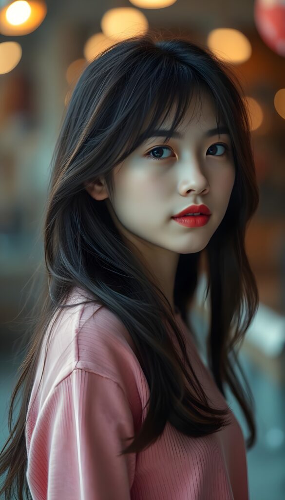 A charming young girl with long, flowing dark brown hair and luscious red lips gazes confidently at the viewer from the side. She is dressed in a form-fitting pink sweater, accentuating her lively spirit.