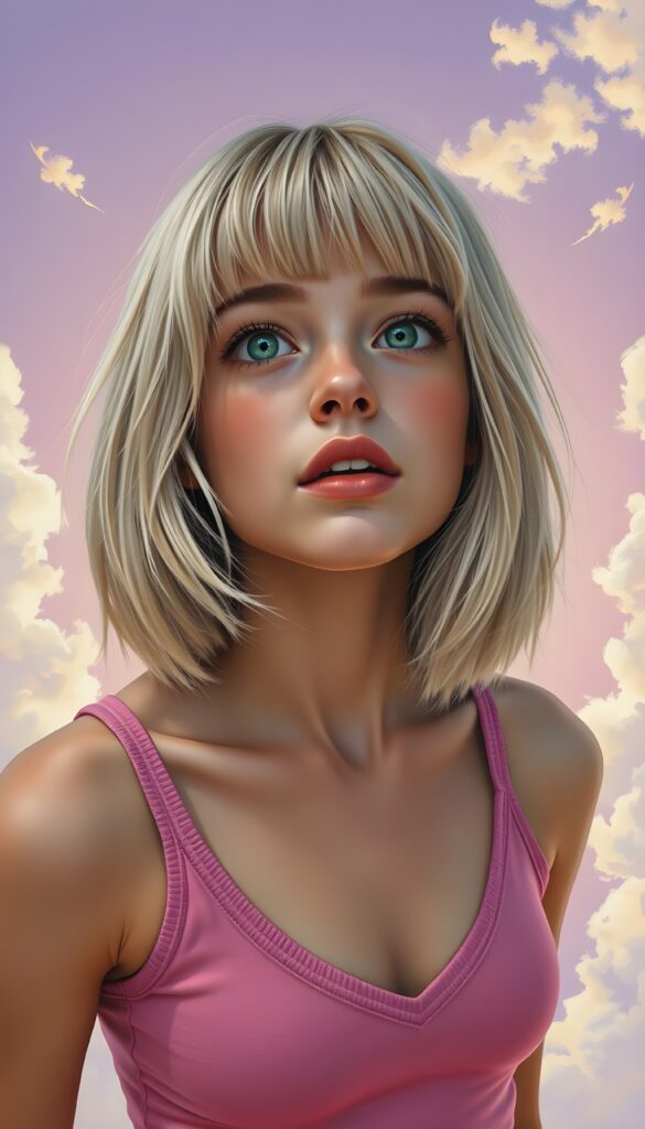 A charming young well busty teenage girl with shoulder-length summer blond hair styled in a perfect bob and bangs, her emerald eyes sparkling with mischief. She's clad in a tight, pink wool tank top that hugs her frame, deep n-neck, her playful expression captured as she looks up slightly open mouth. The background is a vibrant, gradient sky transitioning from a soft pastel pink to a gentle lavender, dotted with fluffy white clouds, and rays of golden sunlight casting a warm glow. Her hair glistens with subtle highlights, and there's a hint of a smile on her lips.