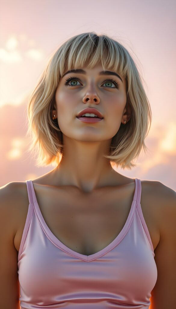 A charming young well voluminous busty adult girl with shoulder-length summer blond hair styled in a perfect bob and bangs, her emerald eyes sparkling with mischief. She's clad in a tight, pink silky tank top that hugs her frame, deep n-neck, her playful expression captured as she looks up slightly open mouth. The background is a vibrant, gradient sky transitioning from a soft pastel pink to a gentle lavender, dotted with fluffy white clouds, and rays of golden sunlight casting a warm glow. Her hair glistens with subtle highlights, and there's a hint of a smile on her lips.