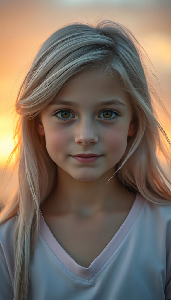 A charming young girl with long, soft, light pink hair styled in a side-swept fashion with wispy layers, radiant brown eyes, and porcelain-like pale skin gazes enchantingly at the viewer. Her vividly full lips curve into a gentle smile. She wears a light pink deep v-neck t-shirt that accentuates her delicate features. The background is a warm, glowing sunset sky with soft, pastel hues, casting a golden light on her face. The composition captures her in a close-up, highlighting her sharpness and grace, making her look like a celestial fairy in a magical, dreamy setting.