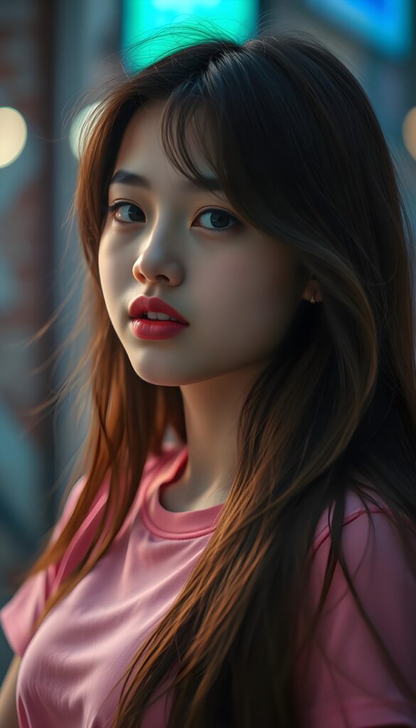 A charming young girl with long, flowing dark brown hair and luscious red full plump kissable lips, her lips are shaped into a passionate kiss, mouth slightly open, white teeth, gazes confidently at the viewer from the side. She is dressed in a form-fitting pink t-shirt, accentuating her lively spirit.