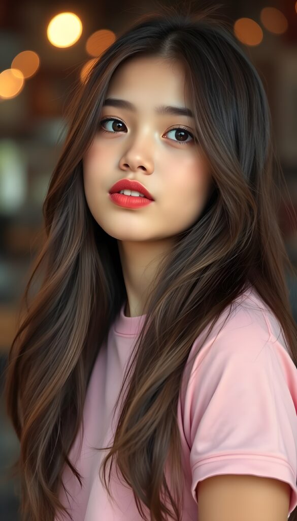 A charming young girl with long, flowing dark brown hair and luscious red full plump kissable lips, her lips are shaped into a passionate kiss, mouth slightly open, white teeth, gazes confidently at the viewer from the side. She is dressed in a form-fitting pink t-shirt, accentuating her lively spirit.