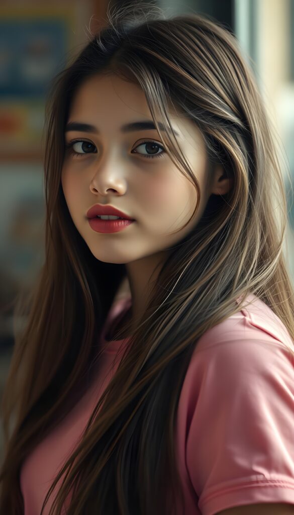 A charming young girl with long, flowing dark brown hair and luscious red full plump kissable lips, her lips are shaped into a passionate kiss, mouth slightly open, white teeth, gazes confidently at the viewer from the side. She is dressed in a form-fitting pink t-shirt, accentuating her lively spirit.