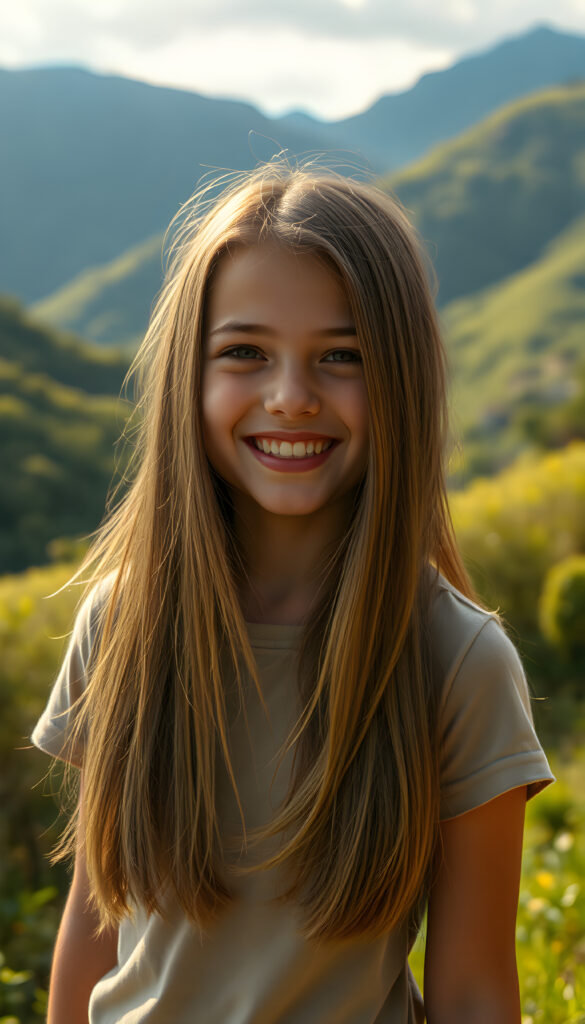 A cheerful girl with long, flowing straight brown hair. She wears a T-Shirt. The background showcases a lush, green Andean landscape with mountains in the distance. The lighting is warm and golden, casting a joyful, inviting atmosphere. The style is whimsical and colorful, with a touch of fantasy and cultural richness.