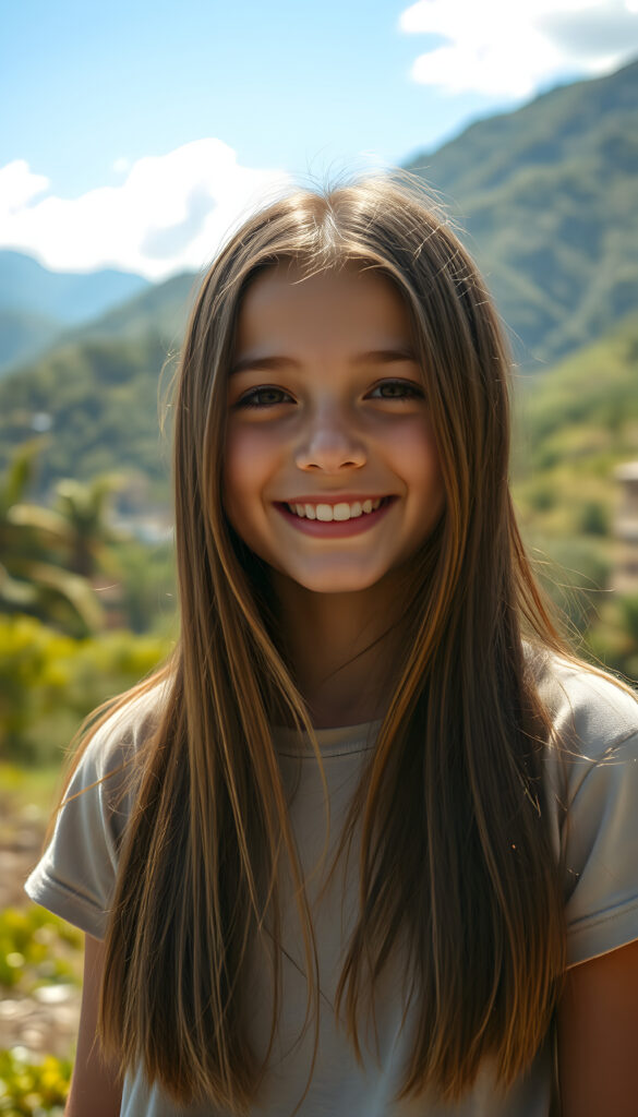 A cheerful girl with long, flowing straight brown hair. She wears a T-Shirt. The background showcases a lush, green Andean landscape with mountains in the distance. The lighting is warm and golden, casting a joyful, inviting atmosphere. The style is whimsical and colorful, with a touch of fantasy and cultural richness.