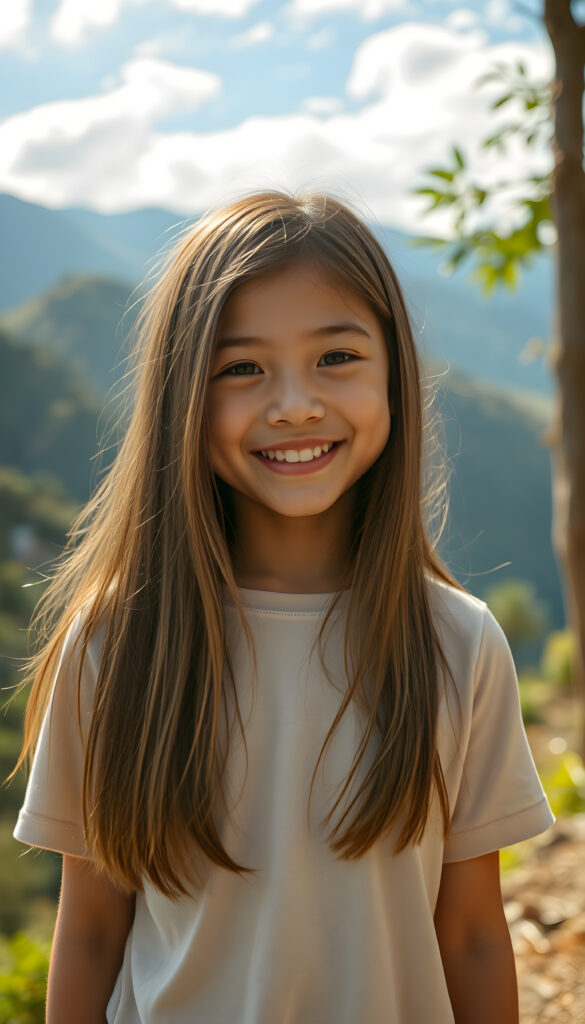 A cheerful girl with long, flowing straight brown hair. She wears a T-Shirt. The background showcases a lush, green Andean landscape with mountains in the distance. The lighting is warm and golden, casting a joyful, inviting atmosphere. The style is whimsical and colorful, with a touch of fantasy and cultural richness.