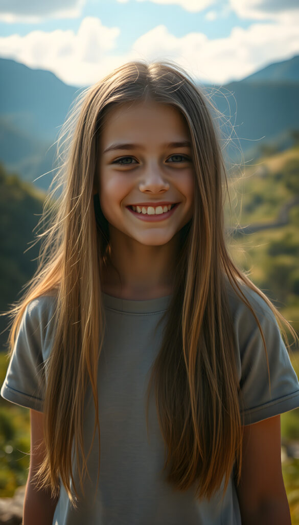 A cheerful girl with long, flowing straight brown hair. She wears a T-Shirt. The background showcases a lush, green Andean landscape with mountains in the distance. The lighting is warm and golden, casting a joyful, inviting atmosphere. The style is whimsical and colorful, with a touch of fantasy and cultural richness.
