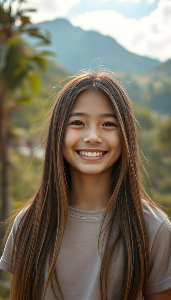 A cheerful girl with long, flowing straight brown hair. She wears a T-Shirt. The background showcases a lush, green Andean landscape with mountains in the distance. The lighting is warm and golden, casting a joyful, inviting atmosphere. The style is whimsical and colorful, with a touch of fantasy and cultural richness.