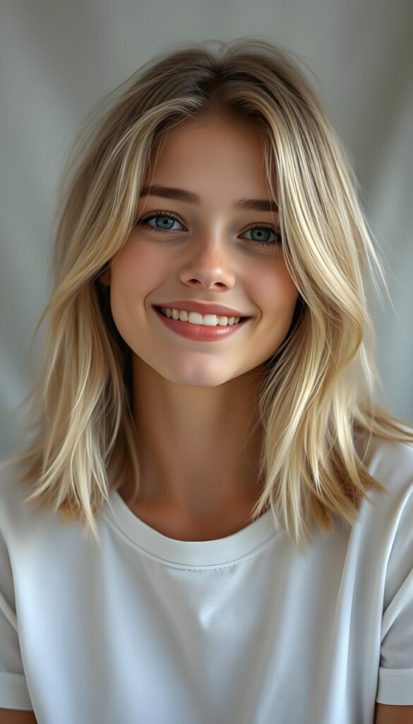 A cheerful portrait of a young, attractive young girl. She has golden-blonde, thick, voluminous, straight shoulder-length hair. Her hair falls gently over her shoulders. Her head is tilted slightly. She has white teeth and full, natural lips. Her skin is natural, flawless, and soft. She has a small nose. Her face is round and perfectly symmetrical. The picture radiates absolute peace. The background is a gray-white canvas. Her big round eyes reflect the light and shine emerald green. She is wearing a simple white T-shirt that perfectly accentuates her feminine curves.