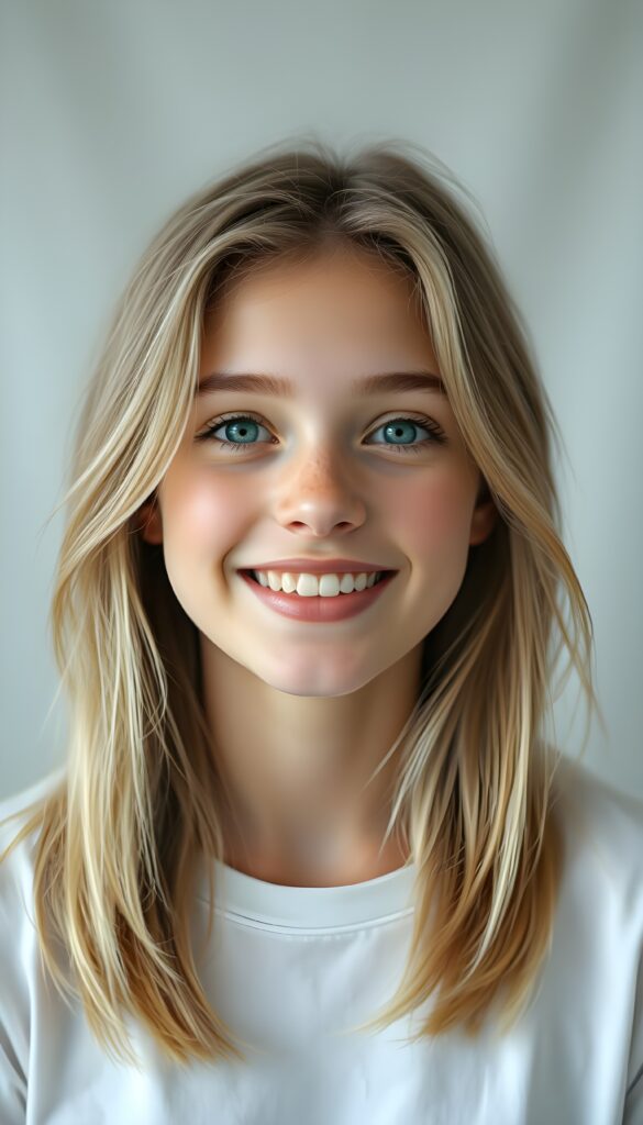 A cheerful portrait of a young, attractive young girl. She has golden-blonde, thick, voluminous, straight shoulder-length hair. Her hair falls gently over her shoulders. Her head is tilted slightly. She has white teeth and full, natural lips. Her skin is natural, flawless, and soft. She has a small nose. Her face is round and perfectly symmetrical. The picture radiates absolute peace. The background is a gray-white canvas. Her big round eyes reflect the light and shine emerald green. She is wearing a simple white T-shirt that perfectly accentuates her feminine curves.